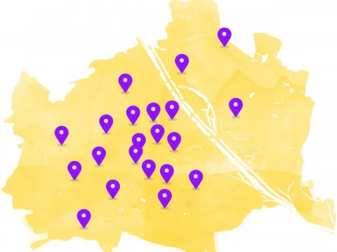 Die 21 lutherischen Pfarrgemeinden in Wien - auf dieser Wien-Karte markiert - bilden den Kern der Evangelischen Diözese A.B. Wien.