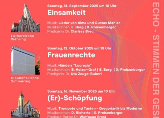 Aktuelle gesellschaftliche Themen und Musik aus Vergangenheit und Gegenwart begegnen sich in dieser Gottesdienstreihe in einem spannenden Zusammenspiel. Herzliche Einladung zum Mitfeiern an vier verschiedenen Orten in Wien!